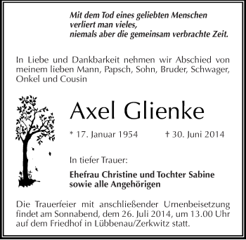 Traueranzeige von Axel Glienke von Mitteldeutsche Zeitung Bitterfeld