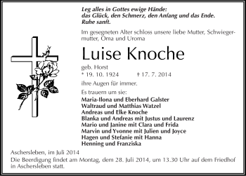 Traueranzeige von Luise Knoche von Mitteldeutsche Zeitung Aschersleben