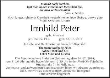 Traueranzeige von Irmhild Peter von Mitteldeutsche Zeitung Halle/Saalkreis