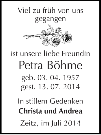 Traueranzeige von Petra Böhme von Mitteldeutsche Zeitung Zeitz