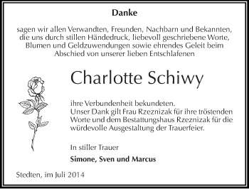 Traueranzeige von Charlotte Schiwy von Mitteldeutsche Zeitung Mansfelder Land