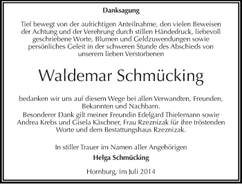 Traueranzeige von Waldemar Schmücking von Mitteldeutsche Zeitung Mansfelder Land