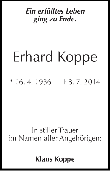 Traueranzeige von Erhard Koppe von Mitteldeutsche Zeitung Dessau-Roßlau