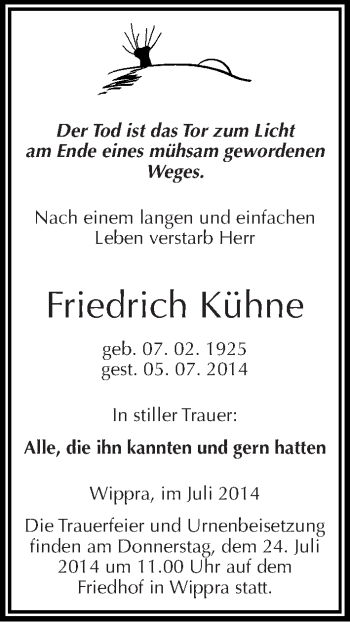 Traueranzeige von Friedrich Kühne von Mitteldeutsche Zeitung Mansfelder Land