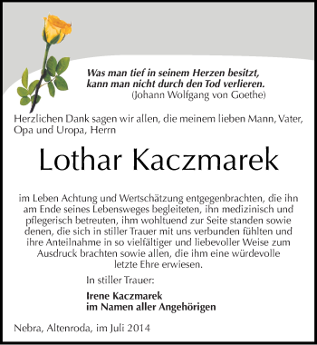 Traueranzeige von Lothar Kaczmarek von Mitteldeutsche Zeitung Naumburg/Nebra