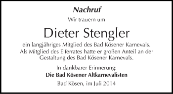 Traueranzeige von Dieter Stengler von Mitteldeutsche Zeitung Naumburg/Nebra