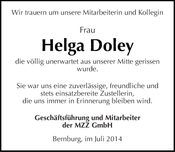 Traueranzeige von Helga Doley von Mitteldeutsche Zeitung Bernburg
