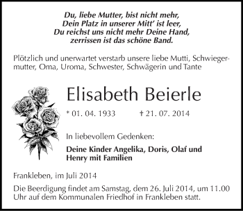 Traueranzeige von Elisabeth Beierle von Mitteldeutsche Zeitung Merseburg/Querfurt
