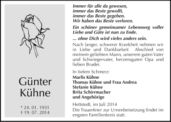 Traueranzeige von Günter Kühne von Mitteldeutsche Zeitung Mansfelder Land