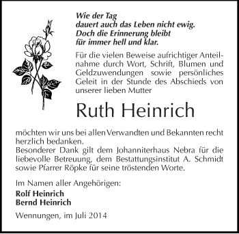 Traueranzeige von Ruth Heinrich von Mitteldeutsche Zeitung Naumburg/Nebra