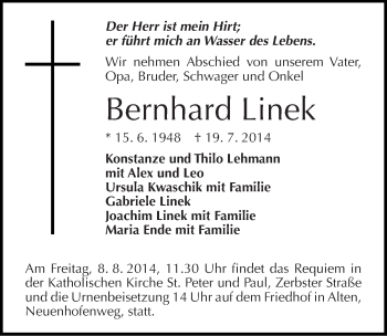 Traueranzeige von Bernhard Linek von Mitteldeutsche Zeitung Dessau-Roßlau