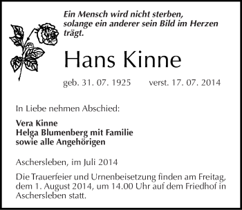 Traueranzeige von Hans Kinne von Mitteldeutsche Zeitung Aschersleben