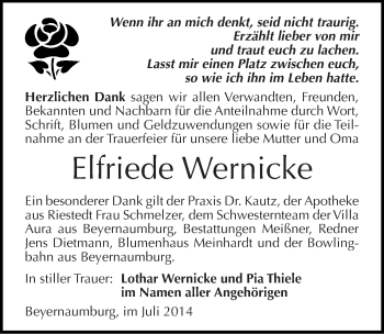 Traueranzeige von Elfriede Wernicke von Mitteldeutsche Zeitung Sangerhausen