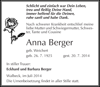 Traueranzeige von Anna Berger von Mitteldeutsche Zeitung Mansfelder Land