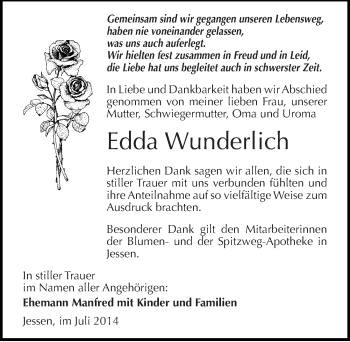 Traueranzeige von Edda Wunderlich von Mitteldeutsche Zeitung Wittenberg