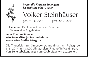Traueranzeige von Volker Steinhäuser von Mitteldeutsche Zeitung Halle/Saalkreis