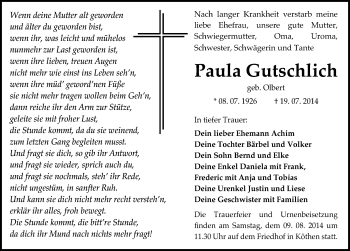 Traueranzeige von Paula Gutschlich von Mitteldeutsche Zeitung Köthen