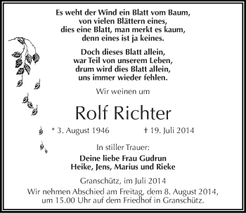 Traueranzeige von Rolf Richter von Mitteldeutsche Zeitung Weißenfels