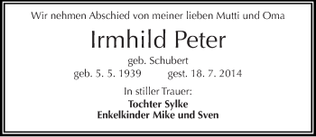 Traueranzeige von Irmhild Peter von Mitteldeutsche Zeitung Halle/Saalkreis