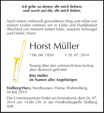 Traueranzeige von Horst Müller von Mitteldeutsche Zeitung Sangerhausen