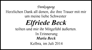 Traueranzeige von Elfriede Beck von Mitteldeutsche Zeitung Sangerhausen
