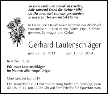 Traueranzeige von Gerhard Lautenschläger von Mitteldeutsche Zeitung Merseburg/Querfurt