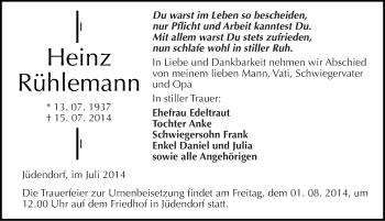 Traueranzeige von Heinz Rühlemann von Mitteldeutsche Zeitung Merseburg/Querfurt