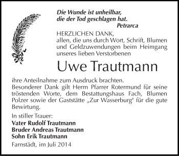 Traueranzeige von Uwe Trautmann von Mitteldeutsche Zeitung Merseburg/Querfurt