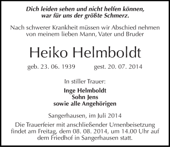Traueranzeige von Heiko Helmboldt von Mitteldeutsche Zeitung Sangerhausen