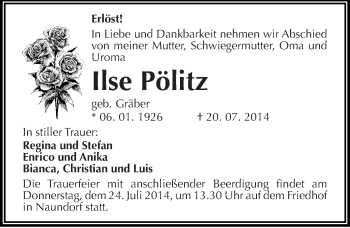 Traueranzeige von Ilse Pölitz von Mitteldeutsche Zeitung Halle/Saalkreis