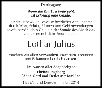 Traueranzeige von Lothar Julius von Mitteldeutsche Zeitung Halle/Saalkreis