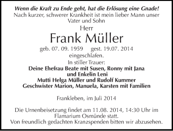 Traueranzeige von Frank Müller von Mitteldeutsche Zeitung Merseburg/Querfurt