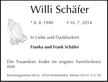 Traueranzeige von Willi Schäfer von Mitteldeutsche Zeitung Quedlinburg