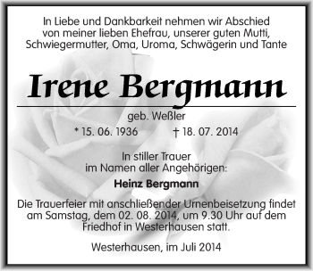Traueranzeige von Irene Bergmann von Mitteldeutsche Zeitung Quedlinburg