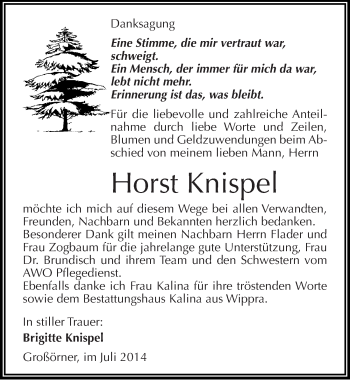 Traueranzeige von Horst Knispel von Mitteldeutsche Zeitung Mansfelder Land