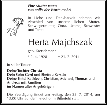 Traueranzeige von Herta Majchszak von Mitteldeutsche Zeitung Bitterfeld