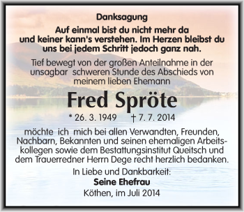 Traueranzeige von Fred Spröte von Mitteldeutsche Zeitung Köthen