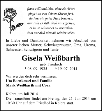 Traueranzeige von Gisela Weißbarth von Mitteldeutsche Zeitung Sangerhausen