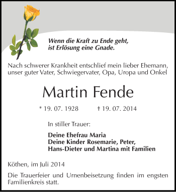 Traueranzeige von Martin Fende von Mitteldeutsche Zeitung Köthen