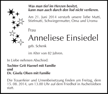 Traueranzeige von Anneliese Einsiedel von Mitteldeutsche Zeitung Aschersleben