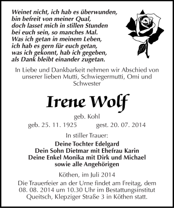 Traueranzeige von Irene Wotf von Mitteldeutsche Zeitung Köthen