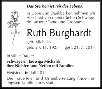 Traueranzeige von Ruth Burghardt von Mitteldeutsche Zeitung Mansfelder Land