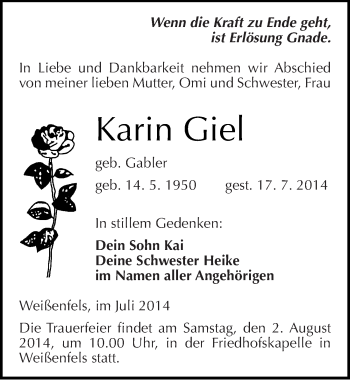 Traueranzeige von Karin Giel von Mitteldeutsche Zeitung Weißenfels