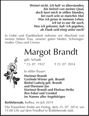 Traueranzeige von Margot Brandt von Mitteldeutsche Zeitung Sangerhausen