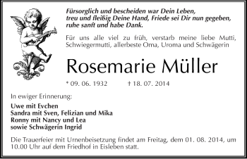 Traueranzeige von Rosemarie Müller von Mitteldeutsche Zeitung Mansfelder Land