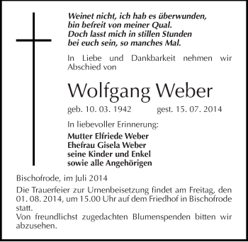 Traueranzeige von Wolfgang Weber von Mitteldeutsche Zeitung Mansfelder Land