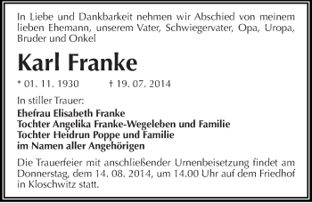 Traueranzeige von Karl Franke von Mitteldeutsche Zeitung Halle/Saalkreis