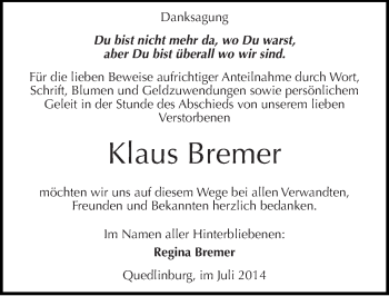 Traueranzeige von Klaus Bremer von Mitteldeutsche Zeitung
