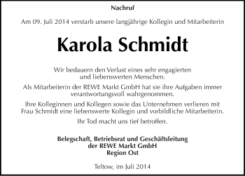 Traueranzeige von Karola Schmidt von Mitteldeutsche Zeitung Aschersleben