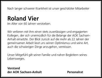 Traueranzeige von Roland Vier von Mitteldeutsche Zeitung Wittenberg